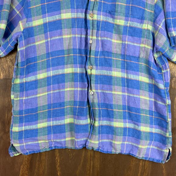 Scott Barber Mens Shirt Blue Plaid 100% Linen Short Sleeve Button Down Large - Picture 4 of 11